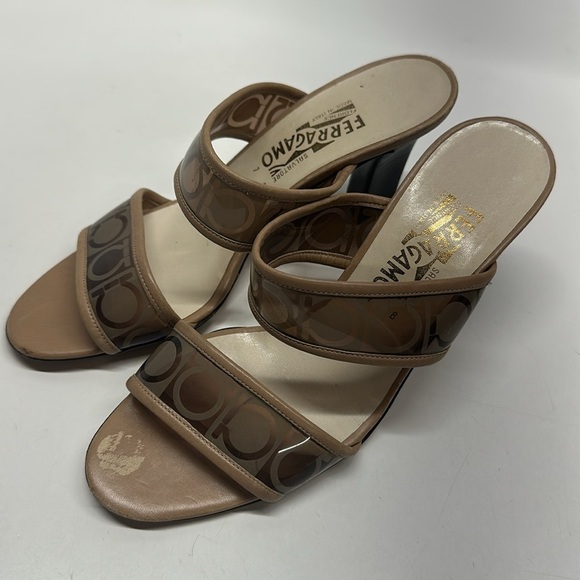 Salvatore Ferragamo High Heel Shoes Sandals Open Toe Lucite Straps Tan Size 7 B - Picture 6 of 11